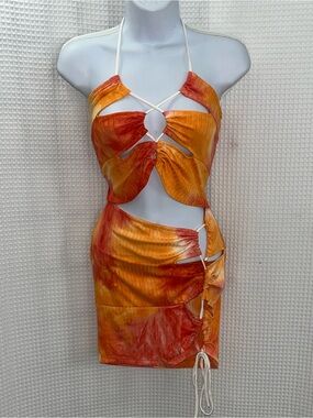 May Pink Orange & Red Tie-Dye Cutout Halter Mini Dress size L